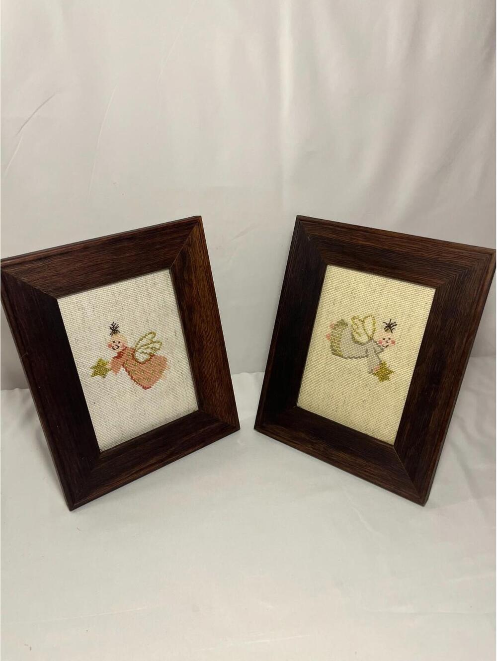 Set of 2 Framed Cross Stitch Angel Art – Hand-Stitched Embroidery in Wood Frame